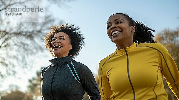 Glückliche afroamerikanische Freundinnen  die gemeinsam einen gesunden Lauf im Park genießen. generative AI