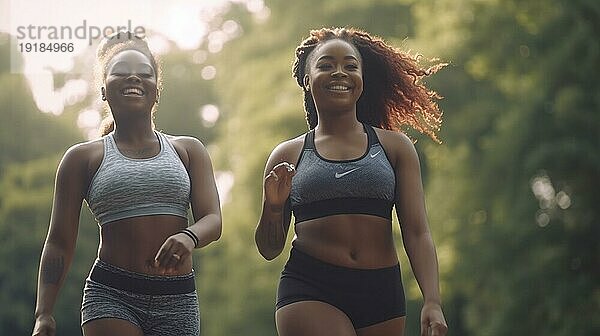 Glückliche afroamerikanische Freundinnen  die gemeinsam einen gesunden Lauf im Park genießen. generative AI