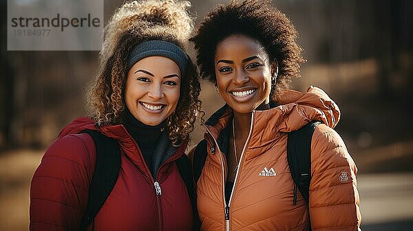 Glückliche afroamerikanische Freundinnen  die gemeinsam einen gesunden Lauf im Park genießen. generative AI