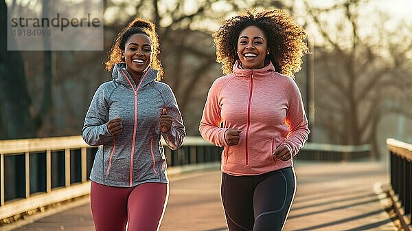 Glückliche afroamerikanische Freundinnen  die gemeinsam einen gesunden Lauf im Park genießen. generative AI