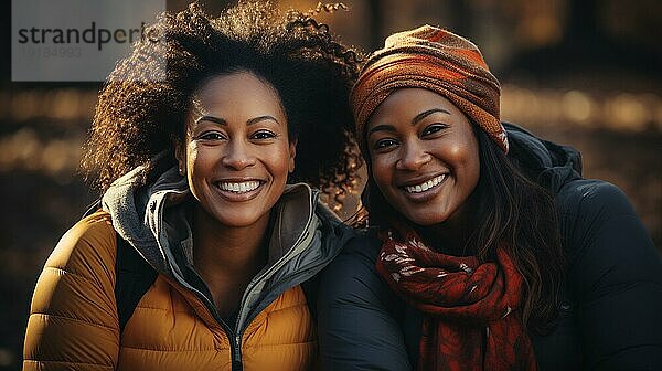 Zwei afroamerikanische Freundinnen treffen sich im Park zum Sport. generative AI