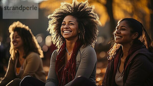 Mehrere afroamerikanische Freundinnen treffen sich im Park zu einer Yoga Übung. generative AI