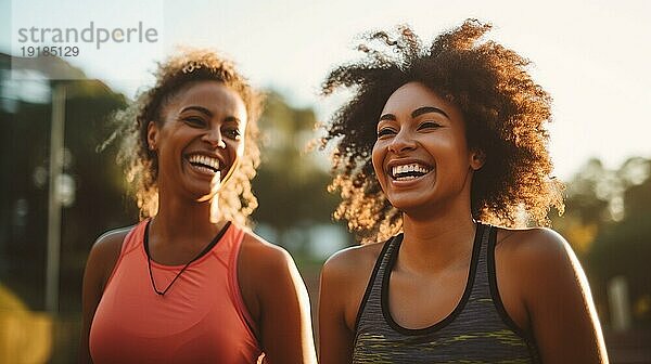 Glückliche afroamerikanische Freundinnen  die gemeinsam einen gesunden Lauf im Park genießen. generative AI