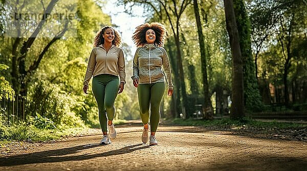 Glückliche afroamerikanische Freundinnen  die gemeinsam einen gesunden Lauf im Park genießen. generative AI