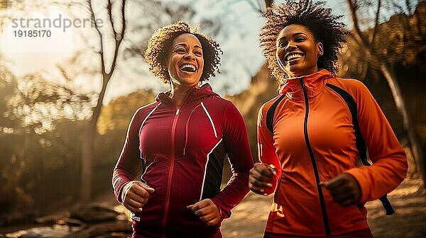 Glückliche afroamerikanische Freundinnen  die gemeinsam einen gesunden Lauf im Park genießen. generative AI