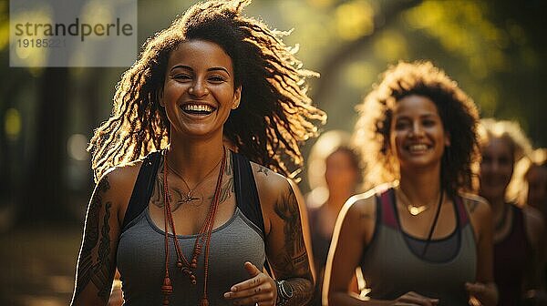 Fröhliche  gemischtrassige Freundinnen  die gemeinsam einen gesunden Lauf im Park genießen. generative AI