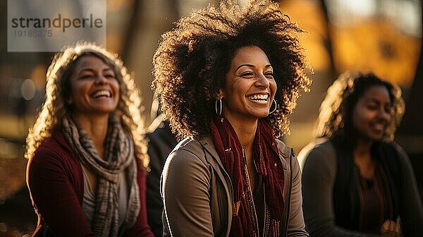 Mehrere afroamerikanische Freundinnen treffen sich im Park zu einer Yoga Übung. generative AI