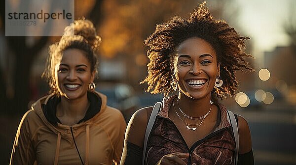 Glückliche afroamerikanische Freundinnen  die gemeinsam einen gesunden Lauf im Park genießen. generative AI