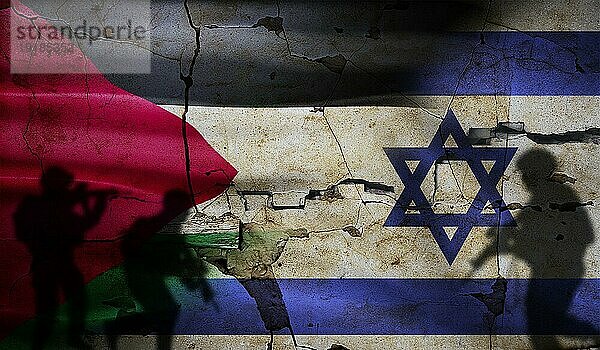 Israel vs Palästina Konflikt auf gerissener Wand. Palästina gegen Israel Soldaten Silhouette. Krieg zwischen Palästina und Israel