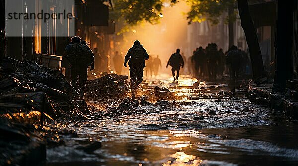 Soldaten rangeln inmitten von Explosionen in einer vom Krieg zerrütteten Stadt im Nahen Osten. generative KI