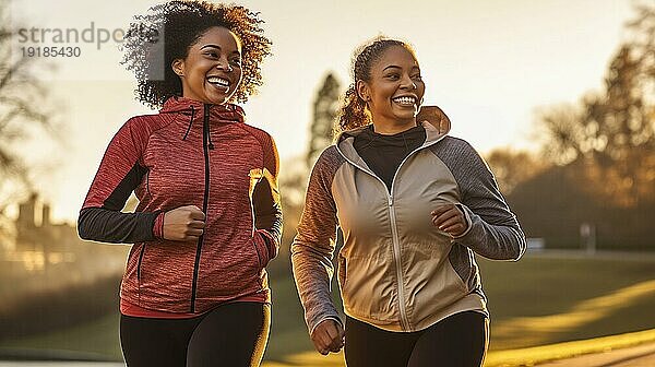 Glückliche afroamerikanische Freundinnen  die gemeinsam einen gesunden Lauf im Park genießen. generative AI