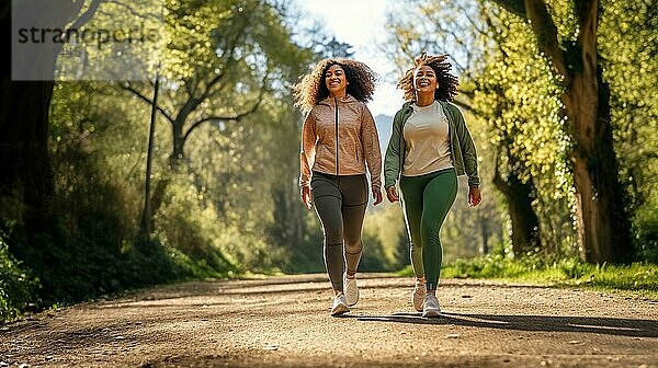 Glückliche afroamerikanische Freundinnen  die gemeinsam einen gesunden Lauf im Park genießen. generative AI