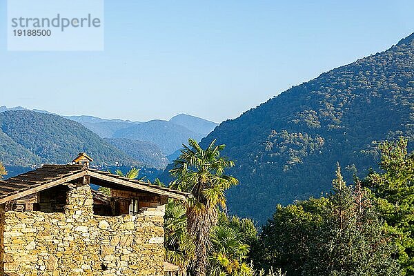 Schöner Panoramablick über Bergkette und Tal und rustikale Hütte und Palme mit Sonnenlicht und klarem blauen Himmel in Malcantone  Tessin  Schweiz  Europa