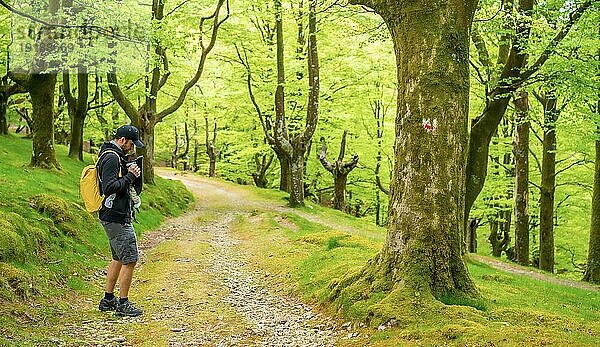 Ein junger Vater geht mit seinem neugeborenen Kind im Rucksack auf einem Waldweg zum Picknick mit der Familie