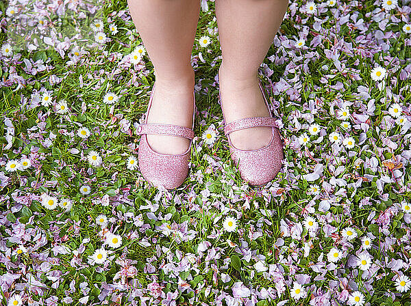 Füße und Beine eines jungen Mädchens in rosa Schuhen stehen auf einem Rasen  der mit Blütenblättern und Blumen bedeckt ist