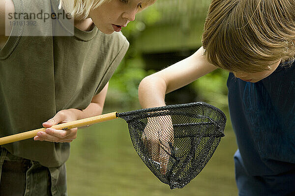 Zwei kleine Jungen untersuchen den Inhalt eines Fischernetzes