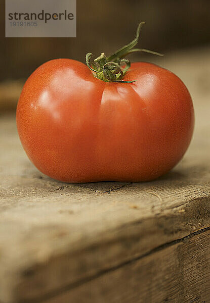 Nahaufnahme einer roten Strauchtomate auf einer Holzoberfläche