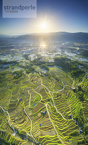 Aerial View of Obaste rice fields and distant view on the lower Chikuma River in Nagano Prefecture