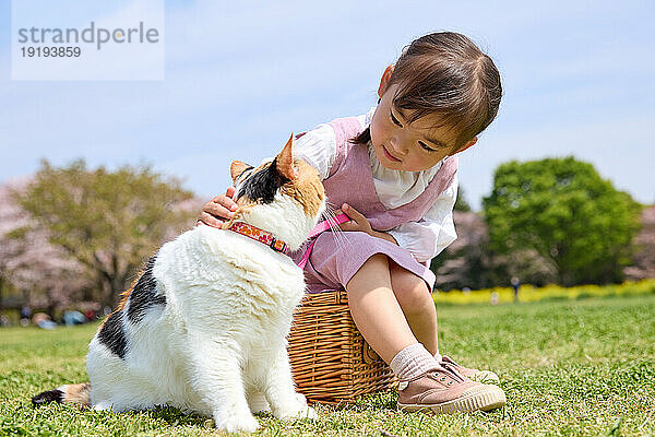 Japanisches Kind mit süßer Katze im Park