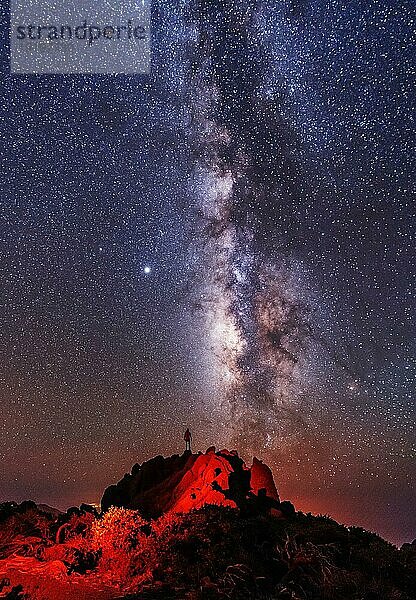 Silhouette eines jungen Mannes unter dem Sternenhimmel mit Blick auf den Lactea Weg der Caldera de Taburiente in der Nähe des Roque de los Muchahos auf der Insel La Palma  Kanarische Inseln. Spanien  Astrofotografie