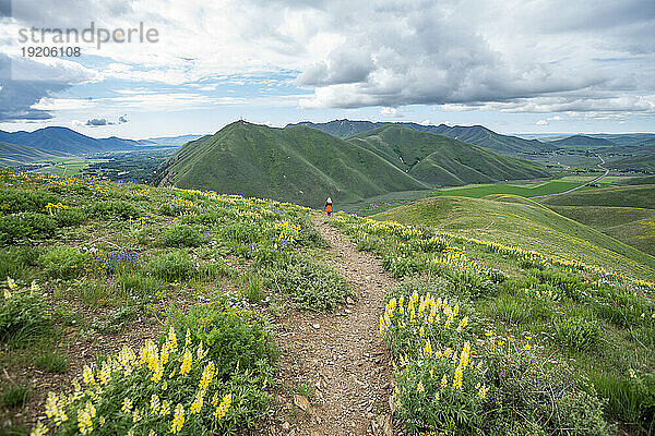 USA  Idaho  Hailey  ältere blonde Frau beim Wandern auf dem Carbonate Mountain Trail