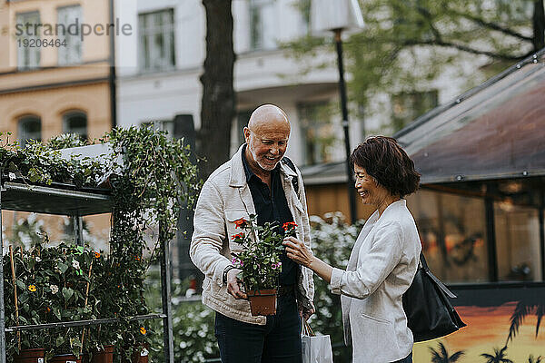 Smiling male and female senior friends buying plant from nursery