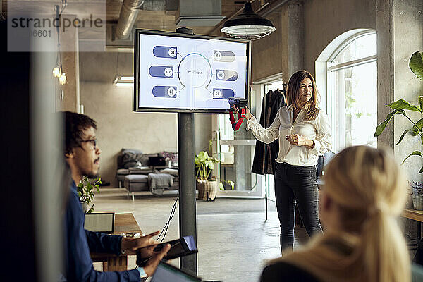 Selbstbewusste Geschäftsfrau hält VR-Simulator in der Hand  während sie während des Meetings erklärt