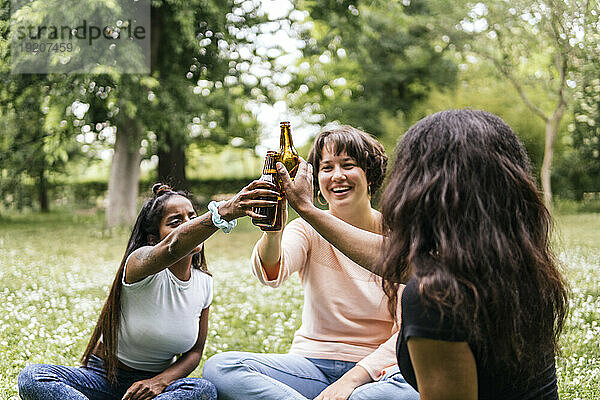Fröhliche Frauen stoßen im Park auf Bierflaschen an