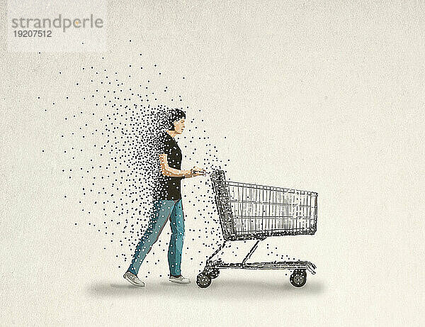 Illustration einer verschwindenden Frau  die einen leeren Einkaufswagen schiebt