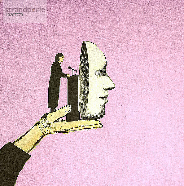 Illustration einer übergroßen Hand  die eine Sprecherin unterstützt  die vor einer großen Maske spricht  die Lügen und Unehrlichkeit symbolisiert