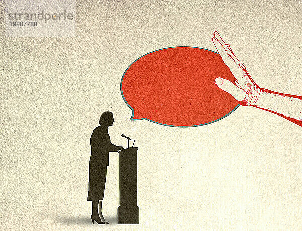 Illustration of hand blocking speech bubble of female speaker