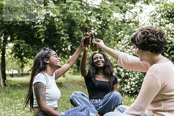 Glückliche gemischtrassige Freunde  die im Park Bierflaschen anstoßen