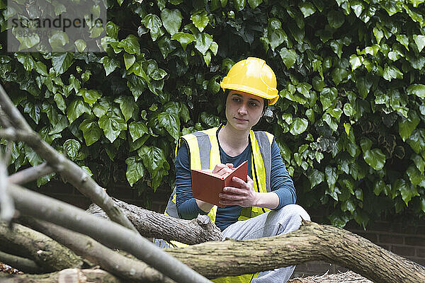 Arbeiter schreibt Tagebuch und schaut auf umgestürzten Baum