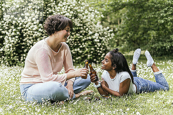 Smiling women toasting beer bottles at park