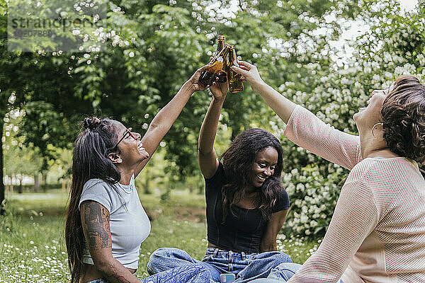 Fröhliche Frauen stoßen im Park auf Bierflaschen an