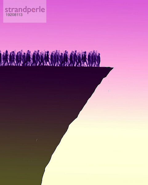 Illustration einer Menschenmenge  die auf den Rand einer Klippe zuläuft