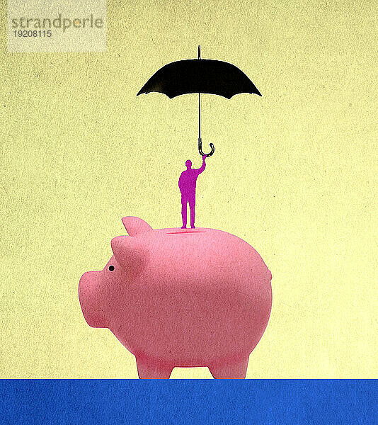 Illustration eines Mannes  der mit einem Regenschirm auf einem übergroßen Sparschwein steht