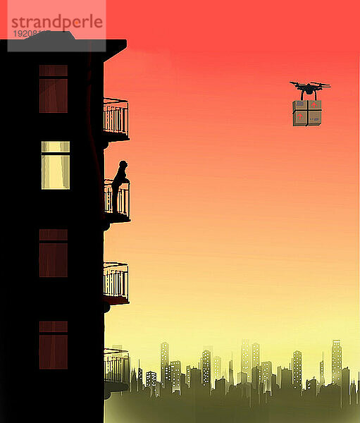 Illustration einer Drohne  die ein Paket an eine Frau liefert  die auf dem Balkon der Wohnung wartet
