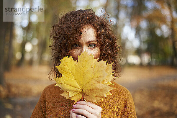 Redhead woman holding yellow maple leaves at autumn park