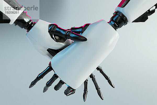 3D-Darstellung von zwei Roboterarmen  die sich die Hände schütteln