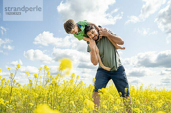 Fröhlicher Vater und Sohn genießen es an einem sonnigen Tag im Feld