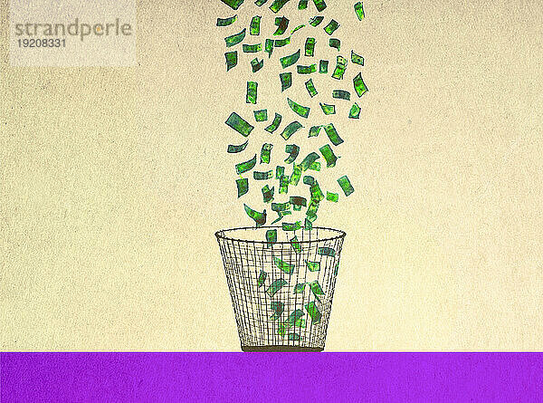 Illustration of money falling into wastepaper basket