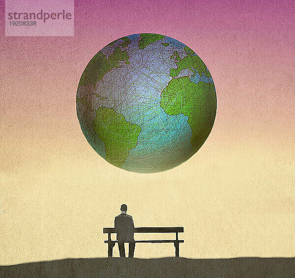 Illustration eines Mannes  der allein auf einer Bank sitzt und auf den im Hintergrund schwebenden Planeten Erde blickt
