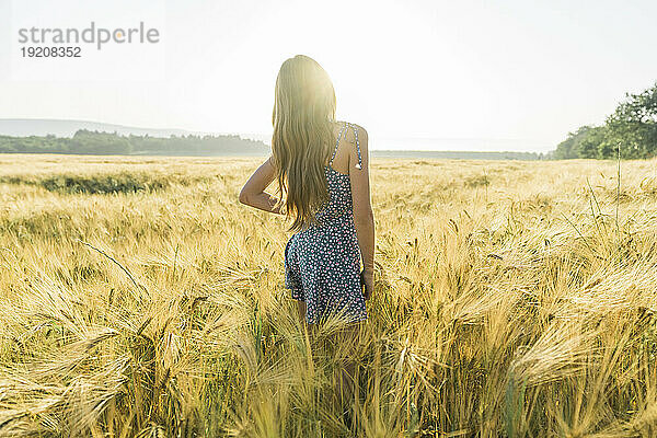 Mädchen mit langen Haaren steht im Weizenfeld