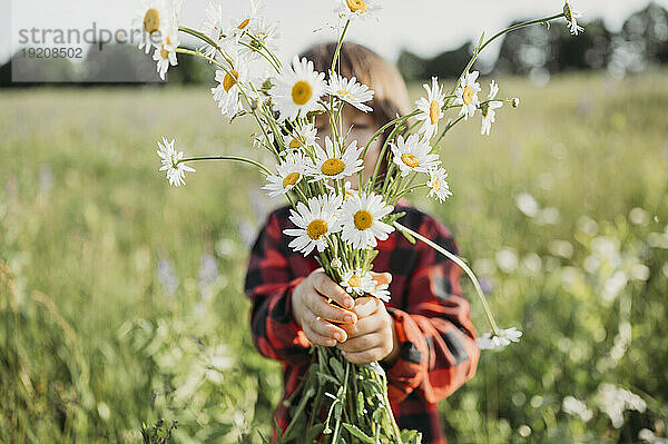 Junge versteckt Gesicht mit Blumenstrauß im Feld