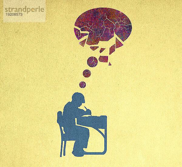 Illustration eines Schuljungen  der unter einer gesprungenen Gedankenblase am Schreibtisch sitzt