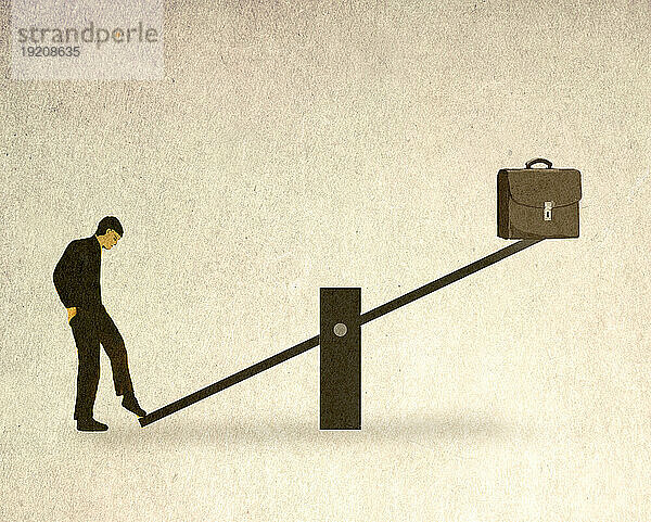 Illustration eines Mannes  der seine Aktentasche auf einer Wippe balanciert