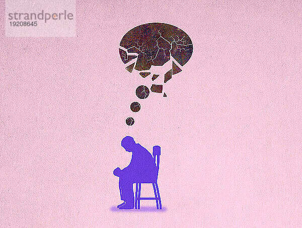 Illustration eines Mannes  der unter einer gesprungenen Gedankenblase sitzt