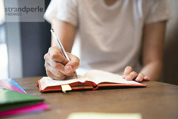 Geschäftsfrau schreibt mit Stift in Tagebuch