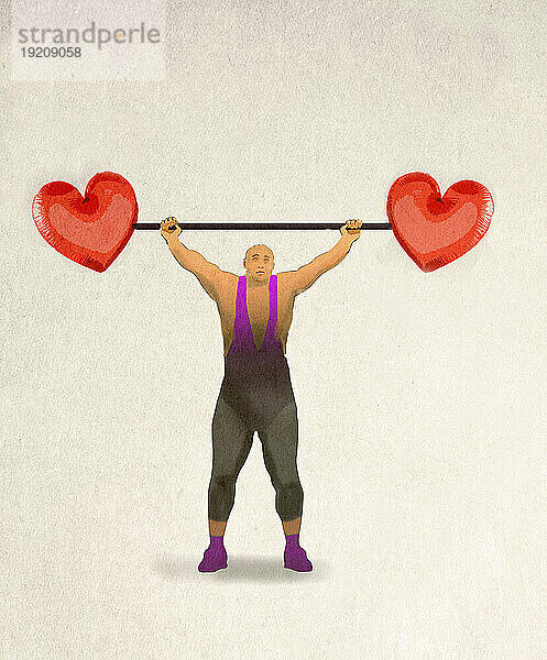 Illustration of strongman holding barbell with heart shaped weights